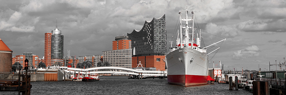 Hamburger Cap San Diego und Elbphilharmonie Color Key Fotokunst - Bild auf Leinwand 