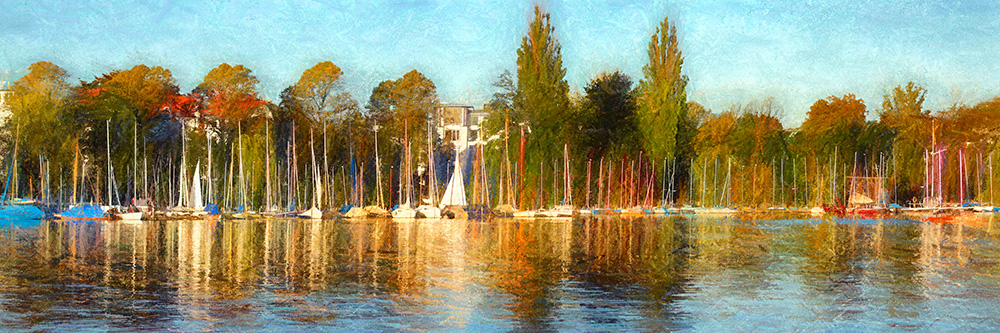 Alster Panorama im Herbst - digitales Hamburg Gemälde auf Leinwand, Acrylglas oder als Poster