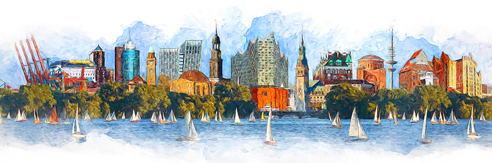 Hamburg Alster Skyline - digitals Hamburggemälde im Panoramaformat auf Leinwand, Acrylglas oder als Poster