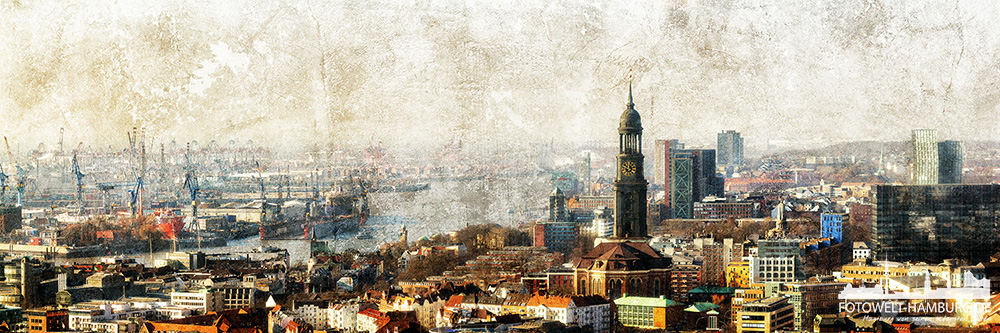 Hamburger Hafen und Michel Panorama - Modernes Hamburg Panoramabild auf Leinwand, Acrylglas oder als Poster