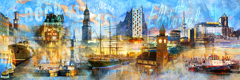 Hamburg Collage 064 - Kunstvolles Hamburg Wandbild auf Leinwand, Acrylglas, Akustikbild oder als Poster