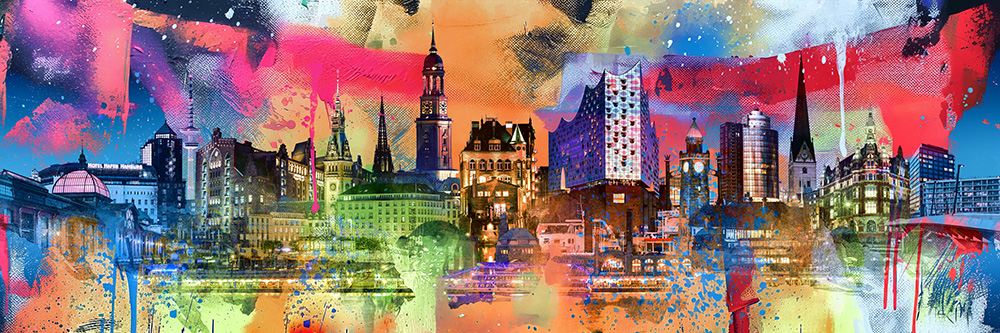 Hamburg Pop Art Skyline - Kunstvolles Hamburg Bild auf Leinwand, Acrylglas, Akustikbild oder als Poster