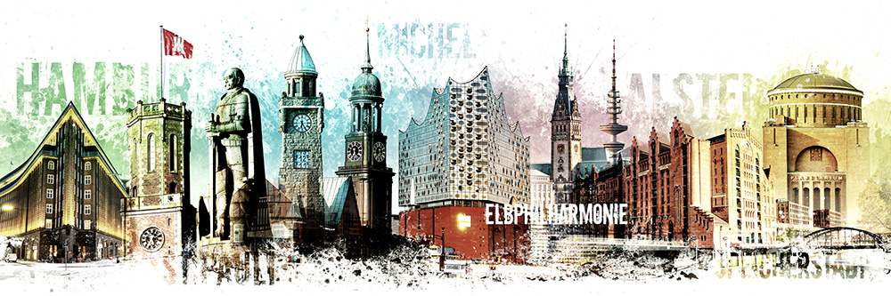 Moderne Hamburg Skyline Collage - Bild auf Leinwand