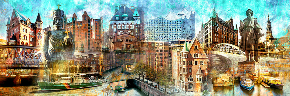 Hamburg Speicherstadt Panorama - Abstrakte Pop-Art Collage auf Leinwand, Acrylglas oder als Poster