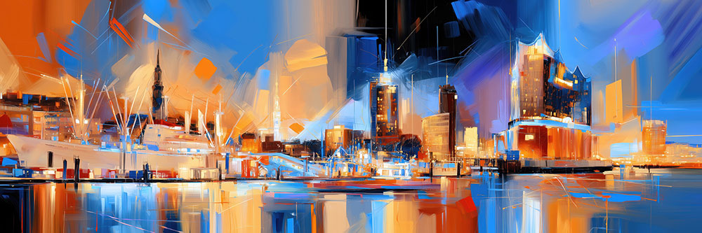 Hamburg Gemälde als Kunstdruck - Leuchtende Hamburg Skyline Bild auf Leinwand, Acrylglas oder als Poster