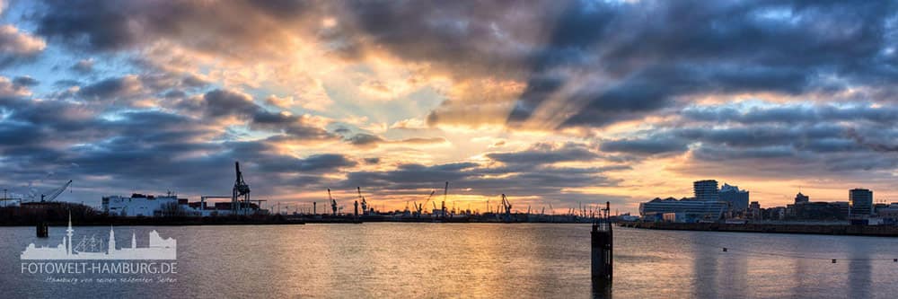Hamburg Bildauf Leinwand - Sonnenuntergang hinter dem Hamburger Hafen