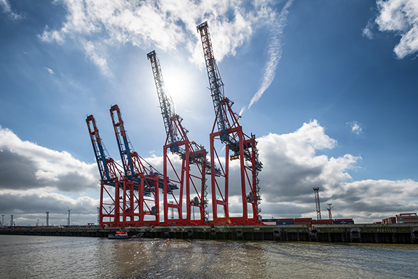 Hafenkräne im Sonnenlicht - Hamburg Leinwandbild, Acrylglas oder als Poster