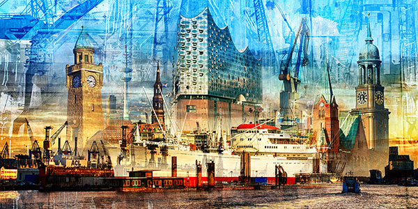 Moderne Hamburg Pop Art Collage als Wandbild auf Leinwand, Acrylglas oder als Poster