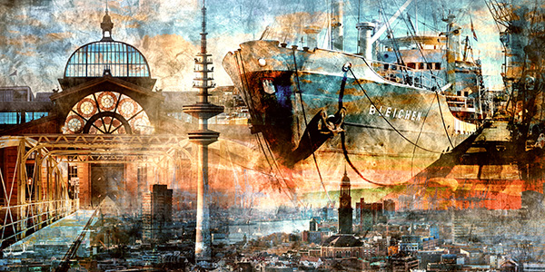 Hamburg Collage 046 - Abstraktes Hamburg Bild im Pop-Art Stil auf Leinwand, Acrylglas oder als Poster