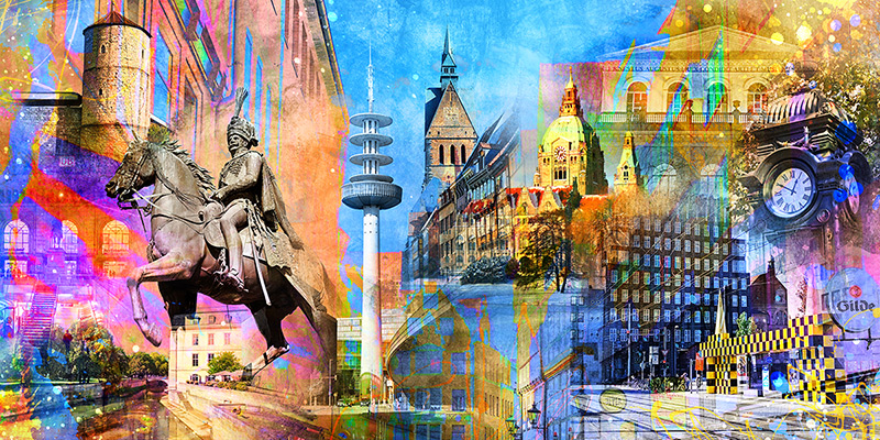 Hannover Pop Art Collage - Kunstvolles Hannover Leinwandbild, Acrylglas oder als Poster