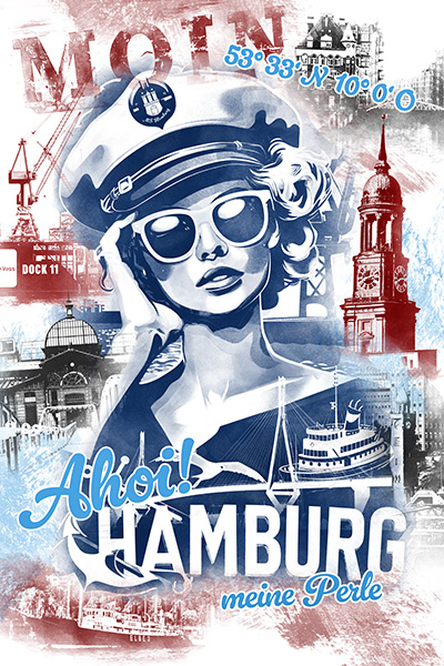 Ahoi Hamburg meine Perle - Moderne Hamburg Collage als Wandbild auf Leinwand, Acrylglas, Akustikbild oder als Poster