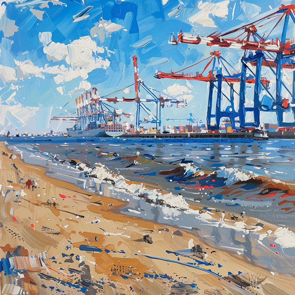 Am Elbstrand - Modernes Hamburg Bild im Stil eines Gemäldes auf Leinwand, Acrylglas, Akustikbild oder als Poster