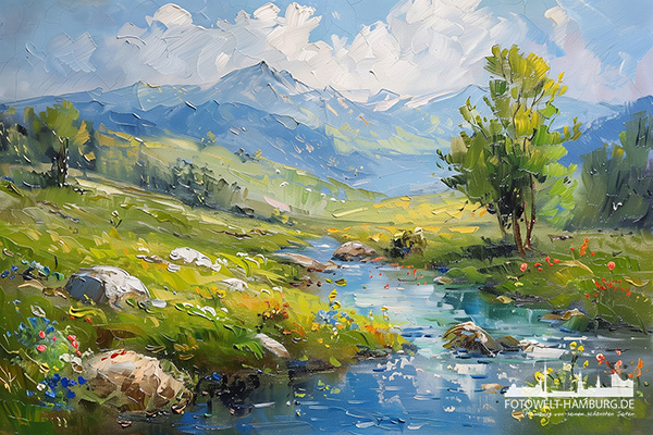 Bergidylle - modernes Wandbild im Stil eines Gemäldes als Kunstdruck auf Leinwand, Acrylglas oder als Poster