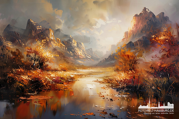 Leuchtende Landschaft - modernes Wandbild im Stil eines Gemäldes als Kunstdruck auf Leinwand, Acrylglas oder als Poster