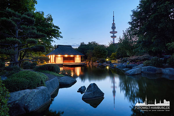Blaue Stunde im Japanischen Garten - Bild auf Leinwand, Alu-Dibond oder Acrylglas 