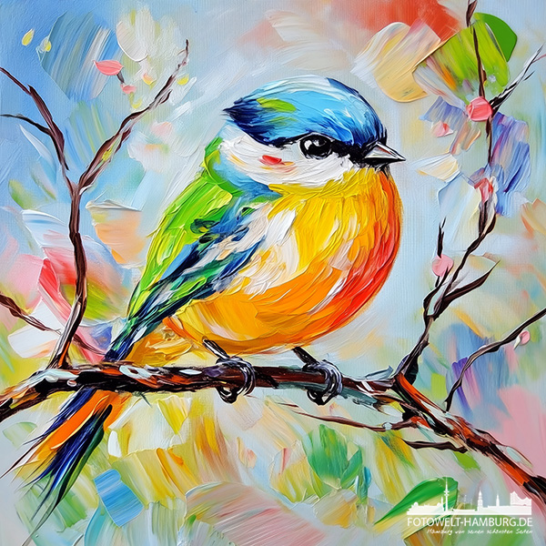 Blaumeise - modernes Wandbild im Stil eines Gemäldes als Kunstdruck auf Leinwand, Acrylglas oder als Poster