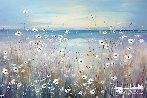 Blumen am Meer - modernes Wandbild im Stil eines Gemäldes als Kunstdruck auf Leinwand, Acrylglas oder als Poster