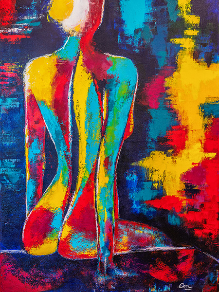 Bunte Frau - modernes Wandbild im Stil eines Gemäldes als Kunstdruck auf Leinwand, Acrylglas oder als Poster