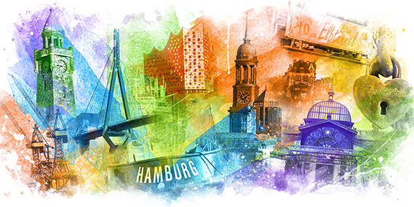 Hamburg Collage 067 - Abstraktes modernes Hamburg Wandbild auf Leinwand, Acrylglas, Akustikbild oder als Poster