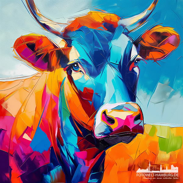 Bunte Kuh - modernes Wandbild im Stil eines Gemäldes als Kunstdruck auf Leinwand, Acrylglas oder als Poster
