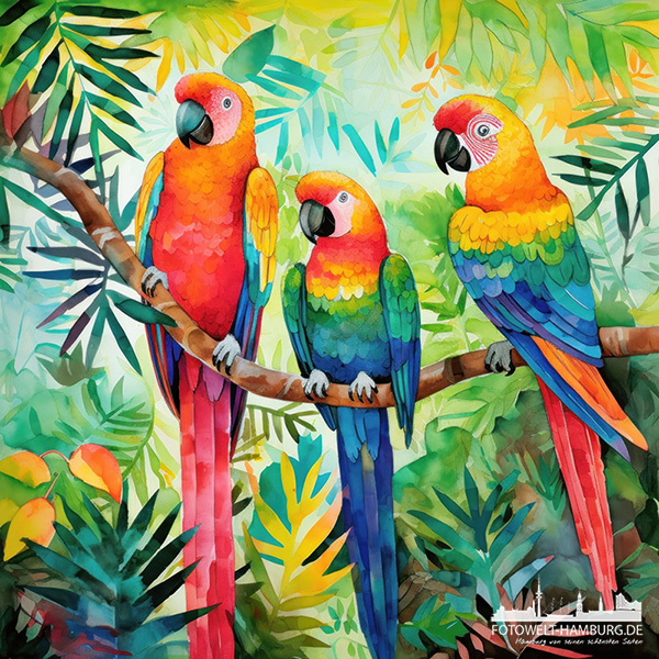 Drei Papageien - digitales Gemälde als Kunstdruck auf Leinwand, Acrylglas oder als Poster