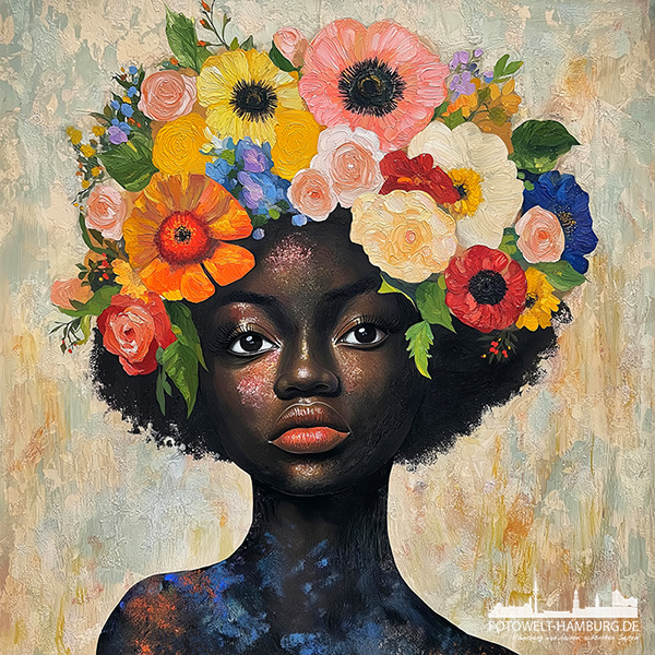 Frau mit Blumen - modernes Wandbild im Stil eines Gemäldes als Kunstdruck auf Leinwand, Acrylglas oder als Poster