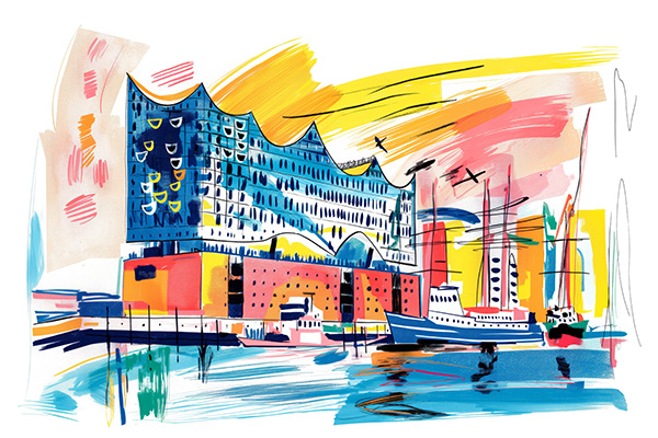 Elphi à la Matisse - Hamburgbild im Stil eines abstrakten Gemäldes auf Leinwand, Acrylglas, Akustikbild oder als Poster