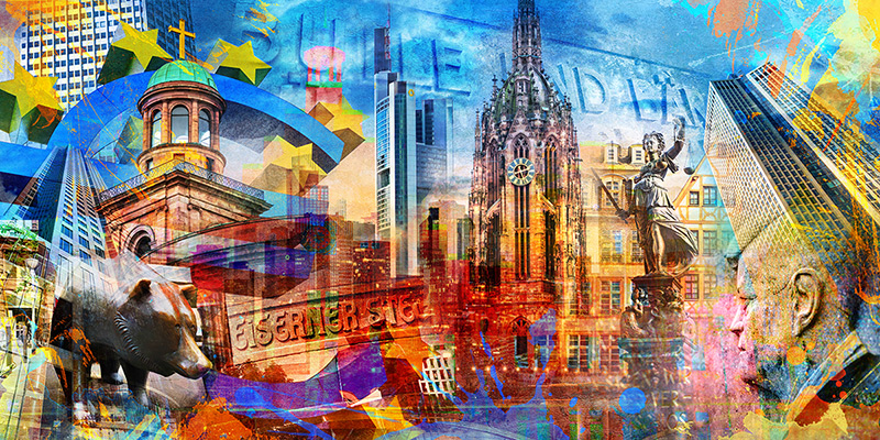 Frankfurt Pop Art Collage - Kunstvolles abstraktes Frankfurt Bild auf Leinwand, Acrylglas oder als Poster