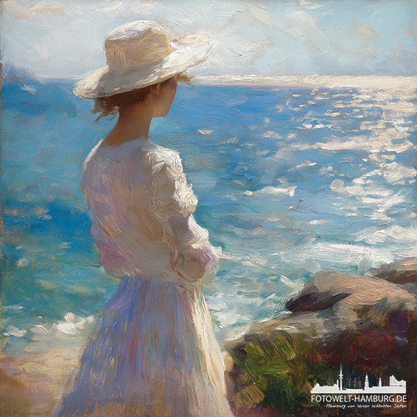 Frau am Meer - modernes Wandbild im Stil eines Gemäldes als Kunstdruck auf Leinwand, Acrylglas oder als Poster