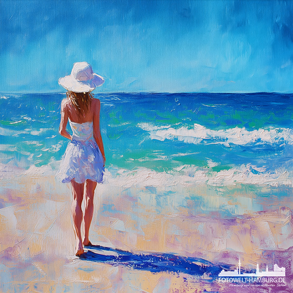 Frau am Strand - modernes Wandbild im Stil eines Gemäldes als Kunstdruck auf Leinwand, Acrylglas oder als Poster