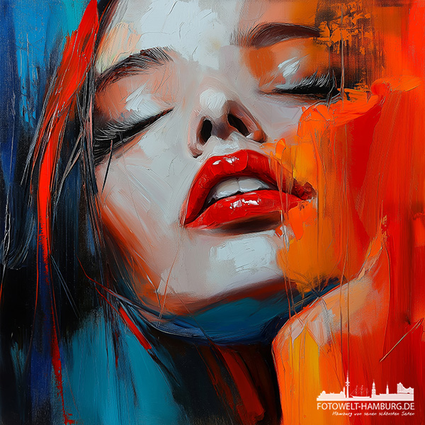 Frau in rot und blau - modernes Wandbild im Stil eines Gemäldes als Kunstdruck auf Leinwand, Acrylglas oder als Poster