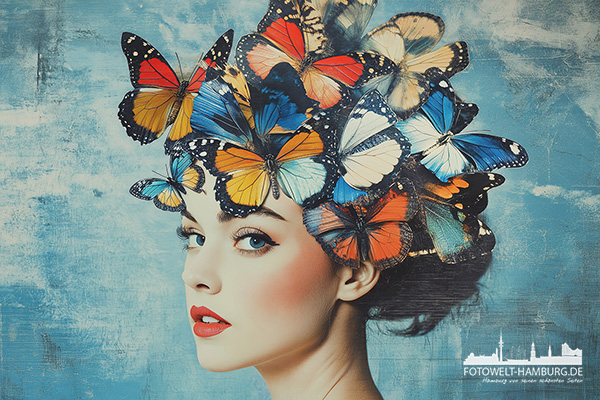 Frau mit Schmetterlingen - modernes Wandbild im Stil eines Gemäldes als Kunstdruck auf Leinwand, Acrylglas oder als Poster