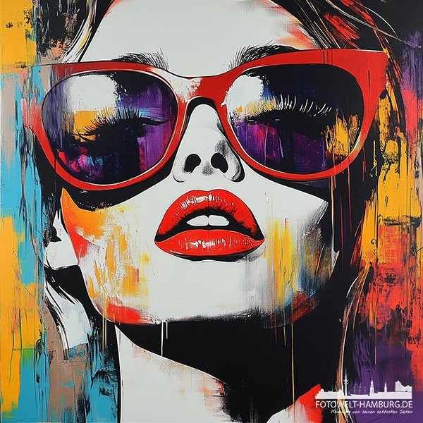 Frau mit roter Sonnenbrille - modernes Wandbild im Stil eines Gemäldes als Kunstdruck auf Leinwand, Acrylglas oder als Poster