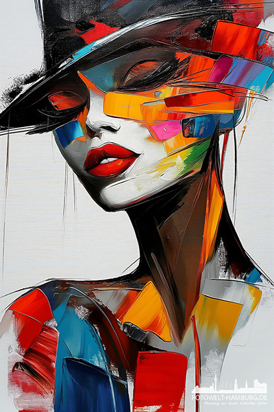 Frau mit Hut - modernes Wandbild im Stil eines Gemäldes als Kunstdruck auf Leinwand, Acrylglas oder als Poster