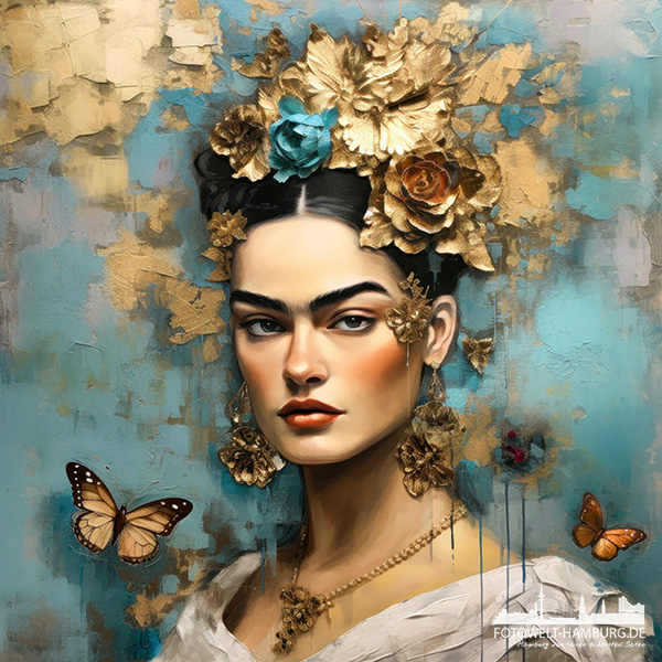 Frida in gold und türkis - modernes Wandbild im Stil eines Gemäldes als Kunstdruck auf Leinwand, Acrylglas oder als Poster