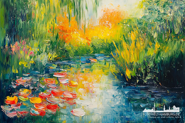 Gartenteich - modernes Wandbild im Stil eines Gemäldes als Kunstdruck auf Leinwand, Acrylglas oder als Poster