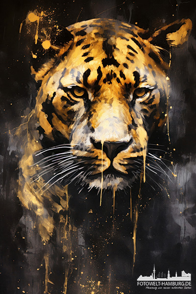 Jaguar in gold und schwarz - digitales Gemälde als Kunstdruck auf Leinwand, Acrylglas oder als Poster
