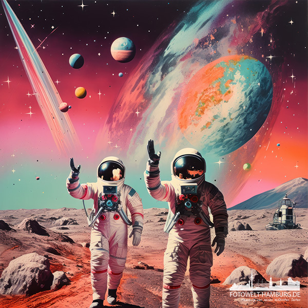 Grüßende Astronauten - digitales Gemälde als Kunstdruck auf Leinwand, Acrylglas oder als Poster