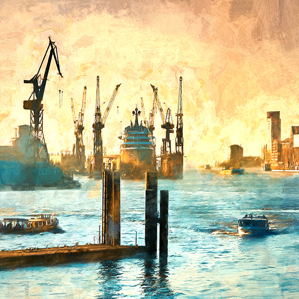 Hafengemälde - Hamburg Bild auf Leinwand, Acrylglas oder als Poster
