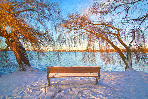 Winter an der Aussenalster - digitales Hamburg Alster Gemälde auf Leinwand, Acrylglas oder als Poster