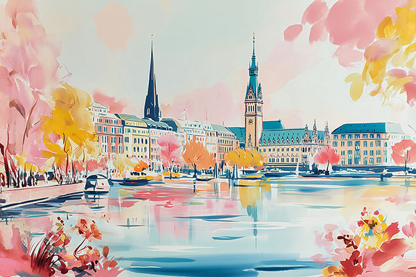 Frühling an der Binnenalster - Hamburg Gemälde-Kunstdruck auf Leinwand, Acrylglas oder als Poster