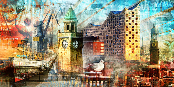 Hamburg Collage 055 - Modernes abstraktes Hamburg Leinwandbild, Acrylglas oder als Poster