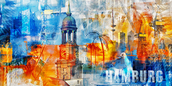 Hamburg Collage 065 - Modernes kunstvolles Hamburg Bild auf Leinwand, Acrylglas, Akustikbild oder als Poster