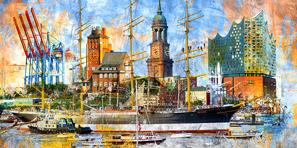 Hamburg Collage 040 - Abstrakte Fotocollage mit dem Segelschiff Peking im Pop-Art Stil auf Leinwand, Acrylglas oder als Poster