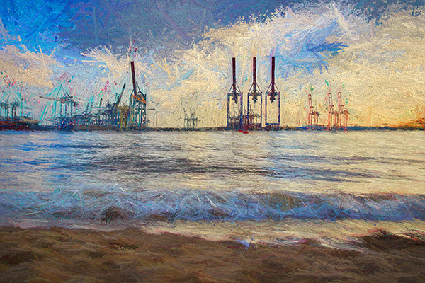 Hamburg Elbstrand und Burchardkai - Digitales Gemälde auf Leinwand