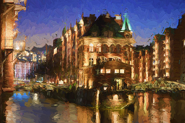 Hamburg Wasserschloss und Speicherstadt - Digitales Gemälde auf Leinwand