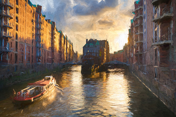 Barkasse in der Speicherstadt - Hamburg Landungsbrücken Bild auf Leinwand, Acrylglas oder als Poster