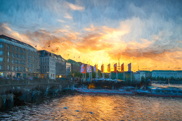 Sonnenuntergang am Jungfernstieg - digitales Hamburg Gemälde auf Leinwand, Acrylglas oder als Poster