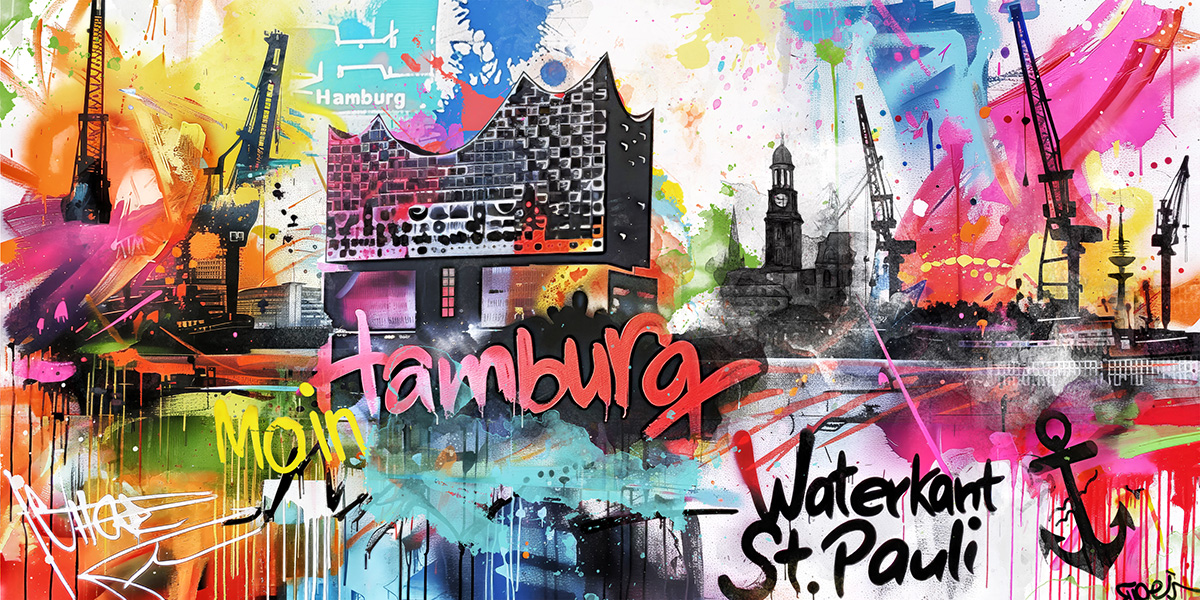 Hamburg Graffiti Collage - Modernes Hamburg Pop Art Bild auf Leinwand, Acrylglas, Akustikbild oder als Poster