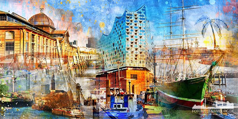 Hamburg Collage 015 - Bild auf Leinwand, Acrylglasbild, Poster, Fotodrucke in Galeriequalität